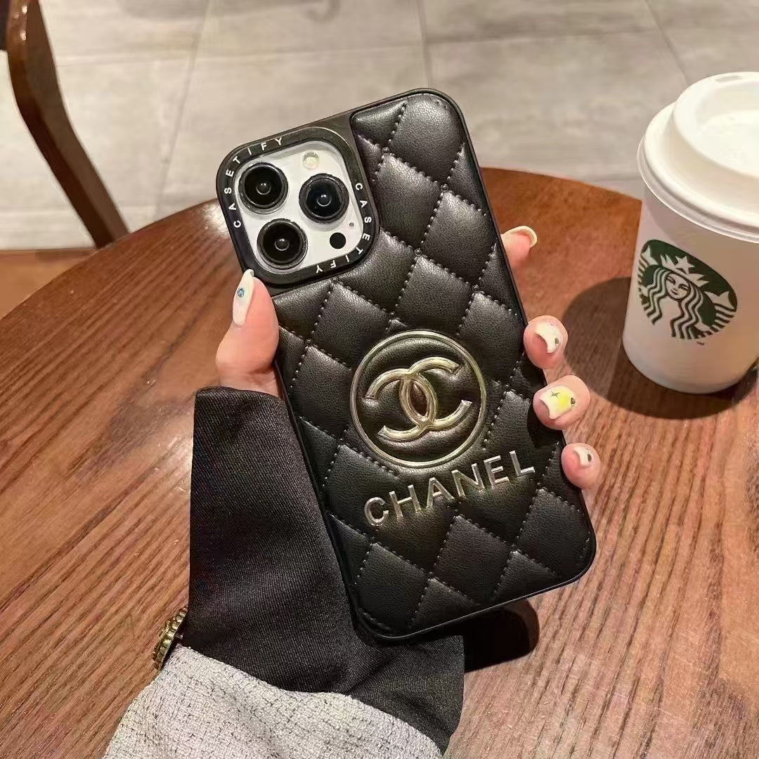 Luxury CC-Inspired Quilted Phone Case with Metallic Logo