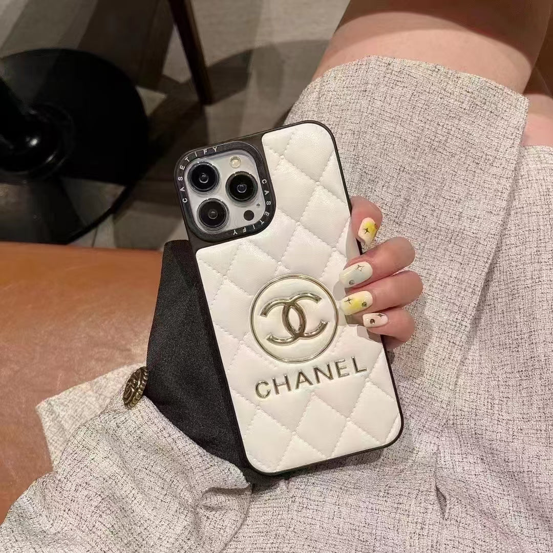 Luxury CC-Inspired Quilted Phone Case with Metallic Logo