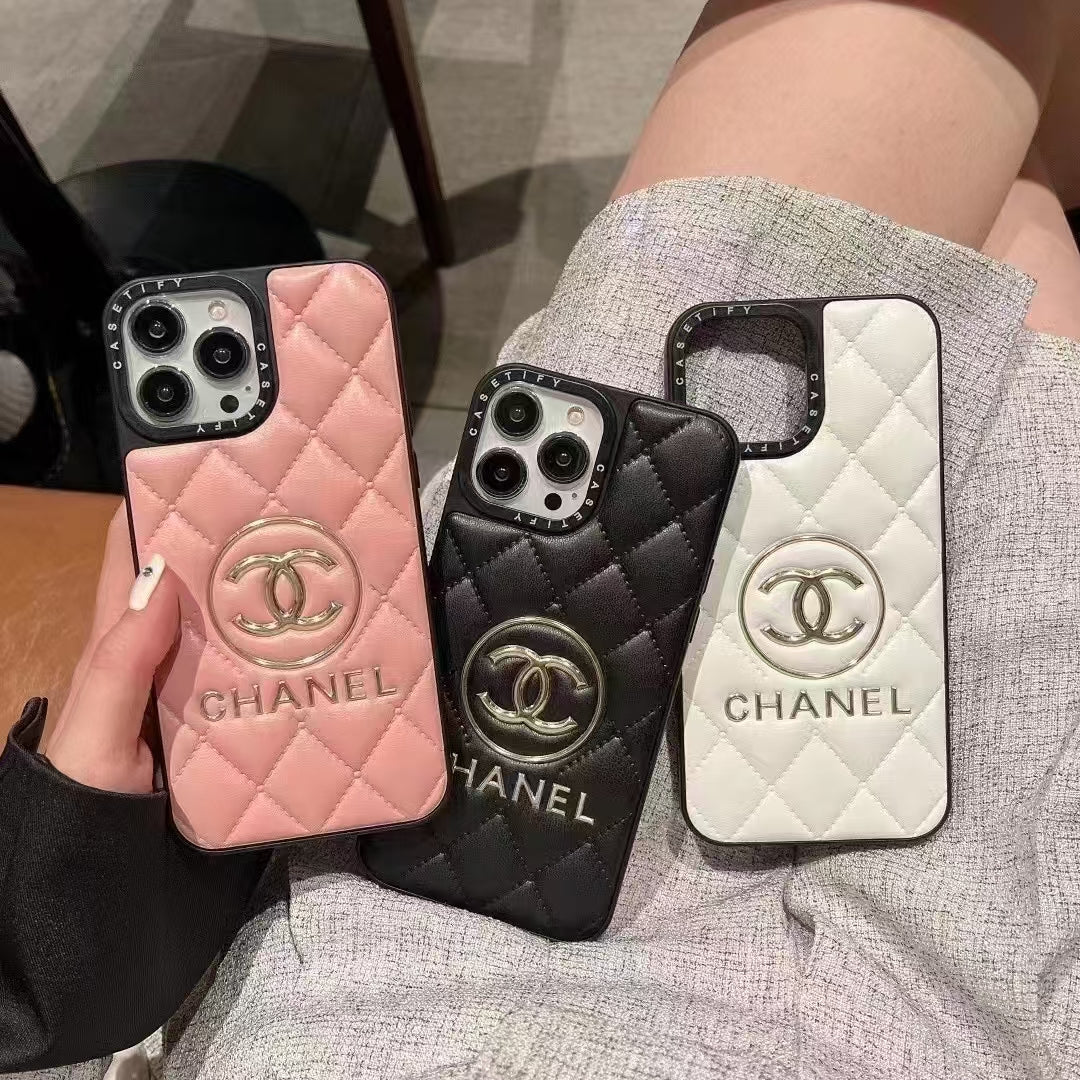 Luxury CC-Inspired Quilted Phone Case with Metallic Logo