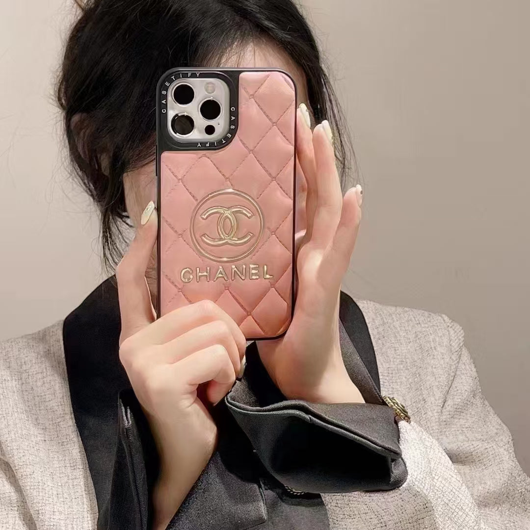 Luxury CC-Inspired Quilted Phone Case with Metallic Logo