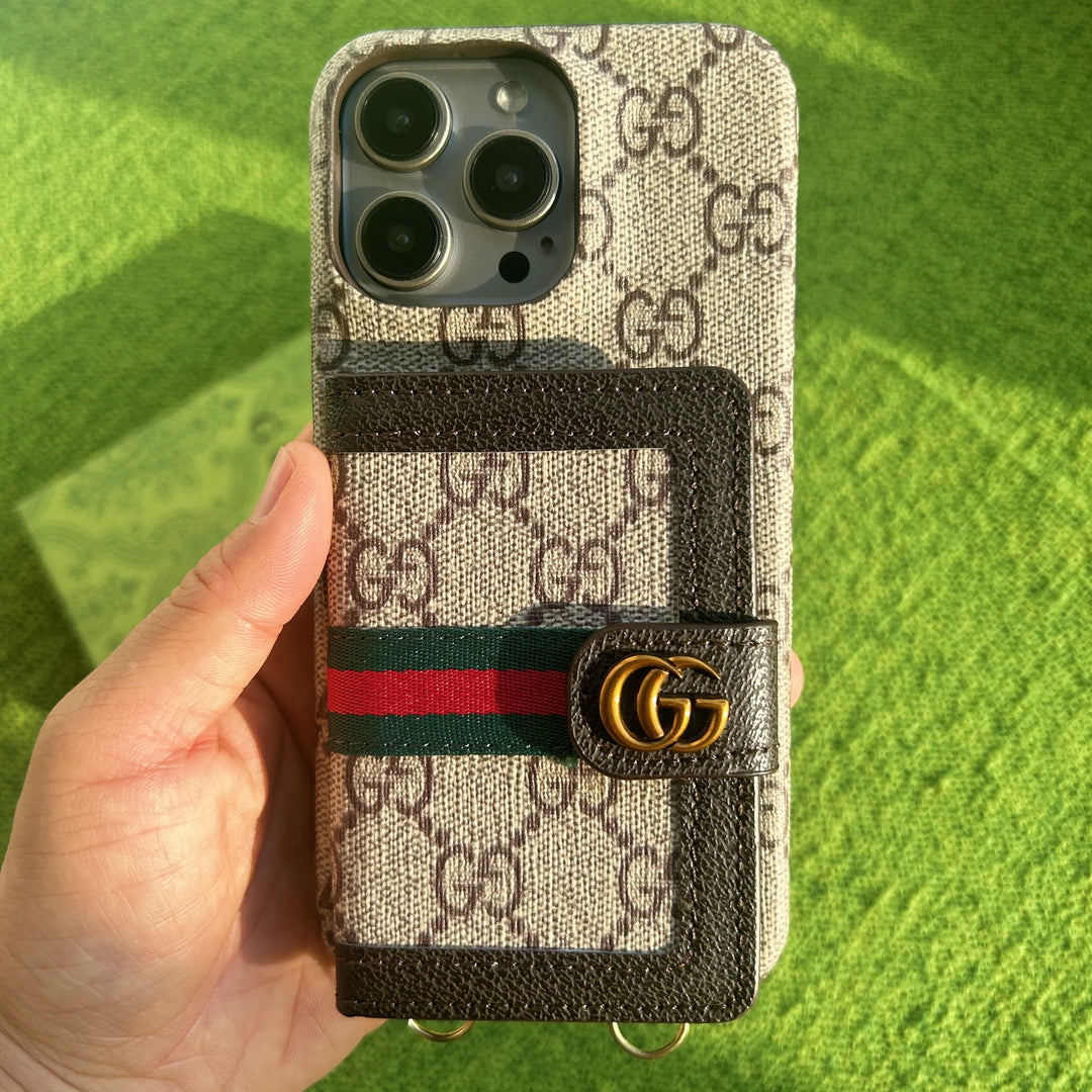 Luxury GG-Style Handmade Card Holder iPhone Case – Vintage Leather Wallet Design (Multiple Models)