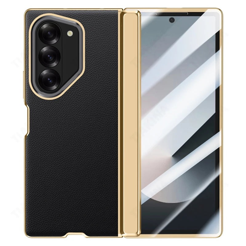 Zyra® - Golden Frame Leather Fold Hinge Galaxy Z Fold 7 Case